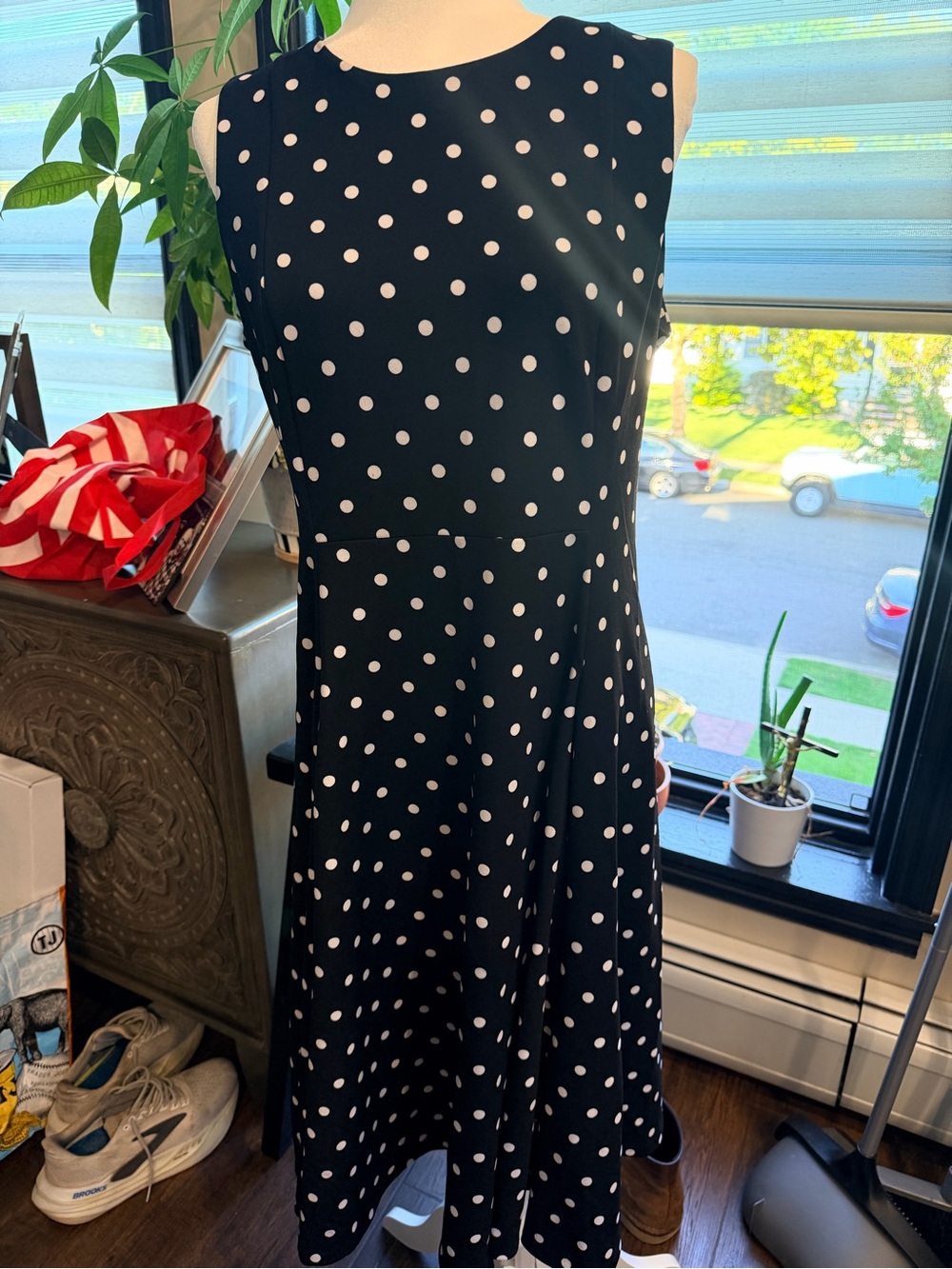 Calvin Klein Sleeveless Black Polka Dot A-Line Dress